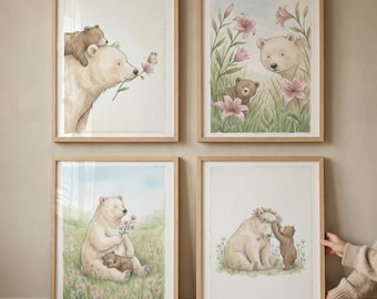Nursery Bear Wall Art Set of 4, Woodland Animal Watercolor Prints, Gender Neutral Baby Room Decor, Mama and Baby Bear Art, Boho Forest Art