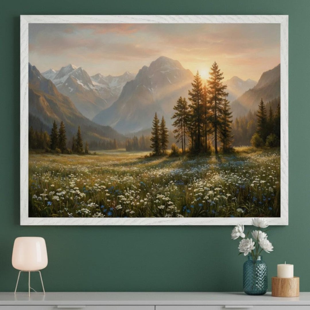 Mountain Landscape Golden Hour Sunset Wall Art, Wildflower Meadow ...