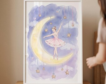 Crescent Moon Ballerina Wall Art, Girl Nursery Decor, Watercolor Pink Ballet Print, Moon and Stars Nursery Decor, Pastel Girl Room Art