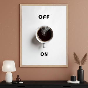 Coffee Cup Minimalist White Wall Art, Funny Kitchen Decor, Caffeine Lover Gift Idea, Morning Power Switch Poster, Modern Office Decor