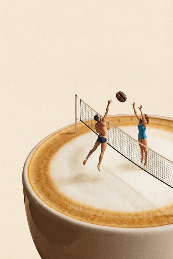 Surreal Coffee Print, Miniature People Volleyball Art, Coffee Bean
