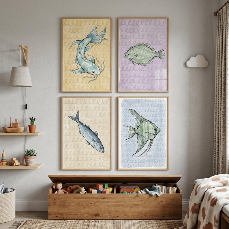 Refined Pastel Watercolor Fish Wall Art Set of 4, Coastal Nursery Decor ...