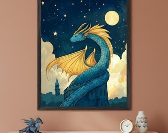 Fantasy Dragon Blue and Gold Wall Art, Celestial Night Sky Decor, Mythical Creature Illustration, Moon and Stars Decor, Dragon Nursery Print