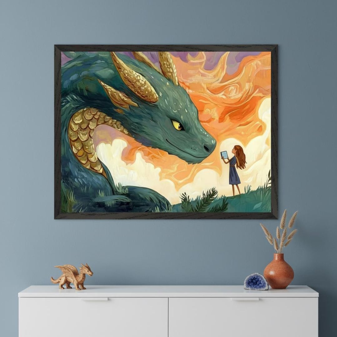 Fantasy Dragon Teal and Gold Scales Wall Art, Mythical Creature