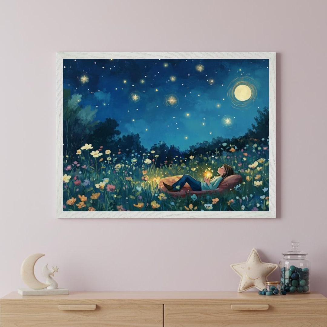 Girl Reclining Under Starry Night Sky Wall Art, Whimsical