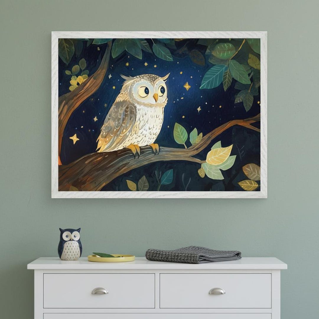 Nocturnal Owl Whimsical Forest Wall Art, Starry Night Woodland Decor ...