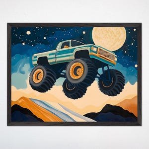 Lienzo decorativo para habitación infantil de Monster Truck Space Adventure, decoración del espacio exterior, póster para habitación de juegos infantil, regalo para amantes de los camiones, impresión artística de luna azul