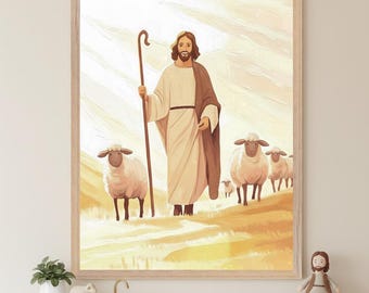 Good Shepherd Religious Wall Decor Art, Jesus Christ Shepherd Illustration, Christian Faith Home Decor, Bible Story Art, Spiritual Gift