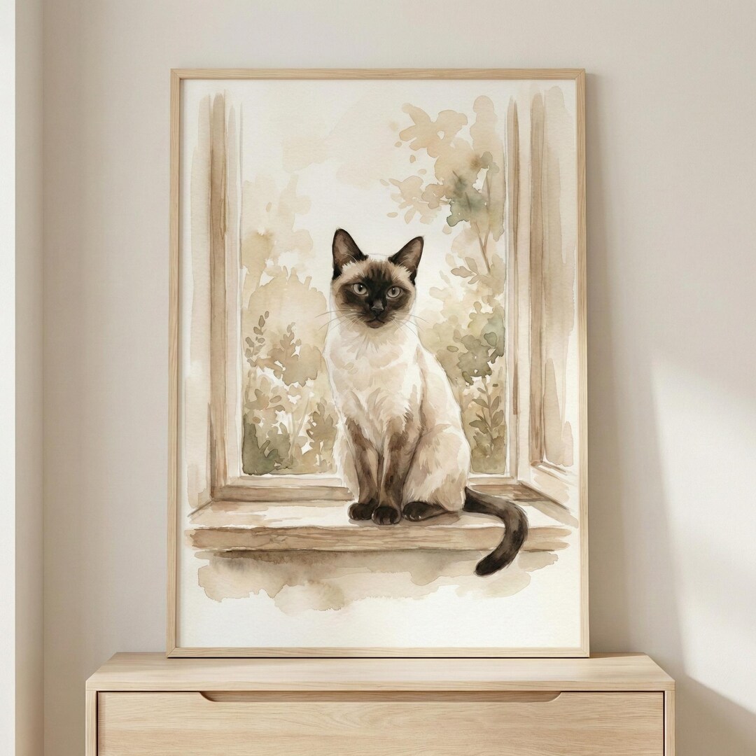 Siamese Cat Watercolor Wall Art, Siamese Cat Art Print, Neutral Animal ...