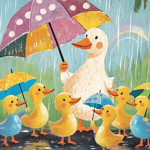Mother Duck With Her Ducklings Wall Art, Nursery Rainy Day Decor, Whimsical Childrens Room Print, Cute Duck Illustration image 2