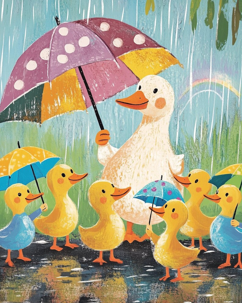 Mother Duck With Her Ducklings Wall Art, Nursery Rainy Day Decor, Whimsical Childrens Room Print, Cute Duck Illustration image 2
