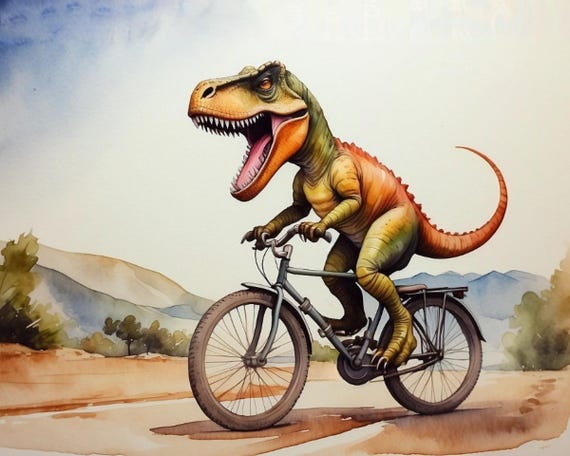 DINO BATTERピクチャーフレーム T-rex Riding Bicycle Wall Art, Funny Dinosaur Watercolor Print