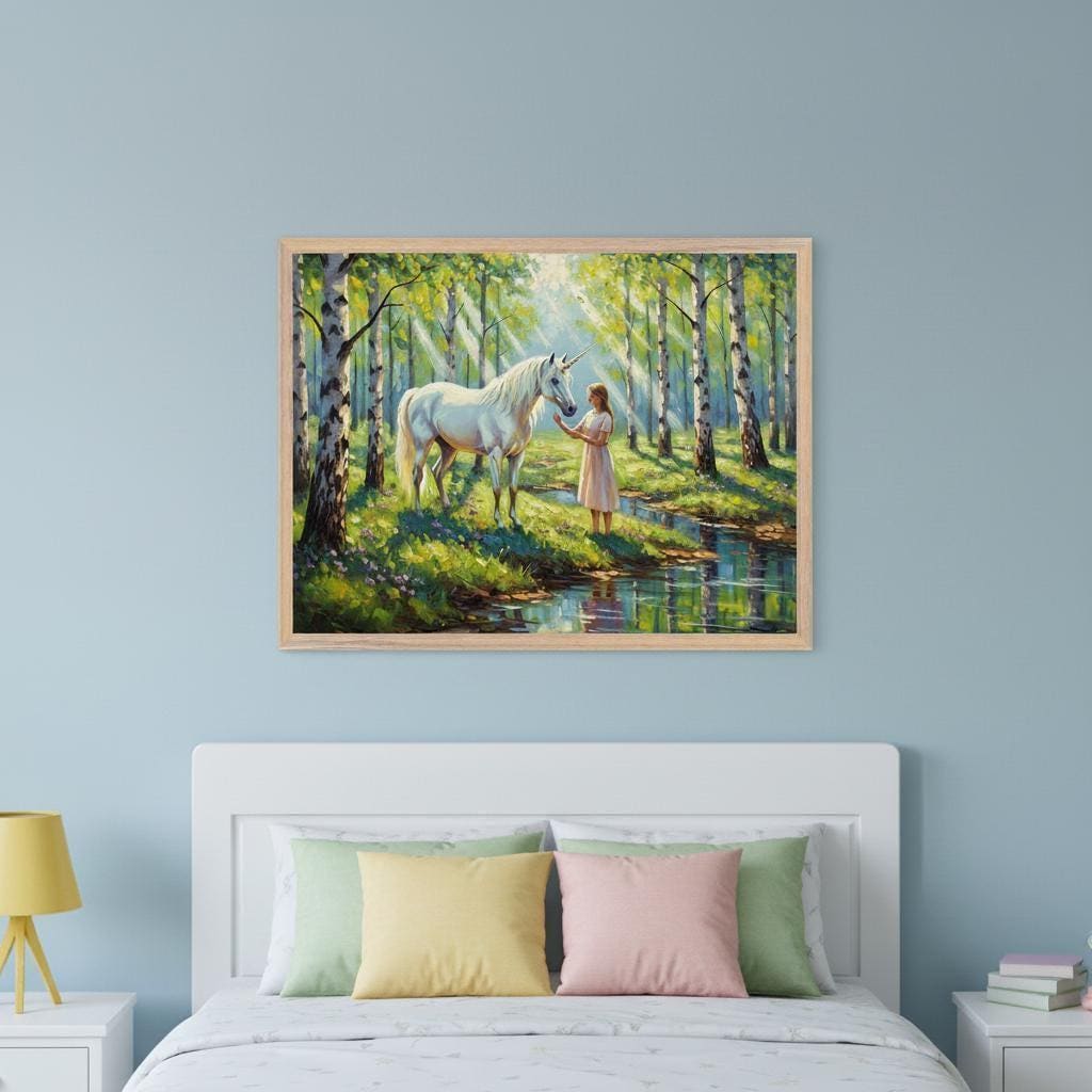 White Unicorn Enchanted Forest Wall Art, Magical Birch Woods Decor