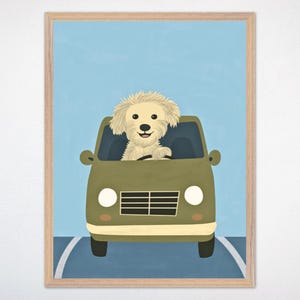 Hond auto reizen kunst aan de muur - speelse puppy rijden kwekerij poster, grillige dieren avontuur canvas print, kinderkamer decor, blaffen en rijden