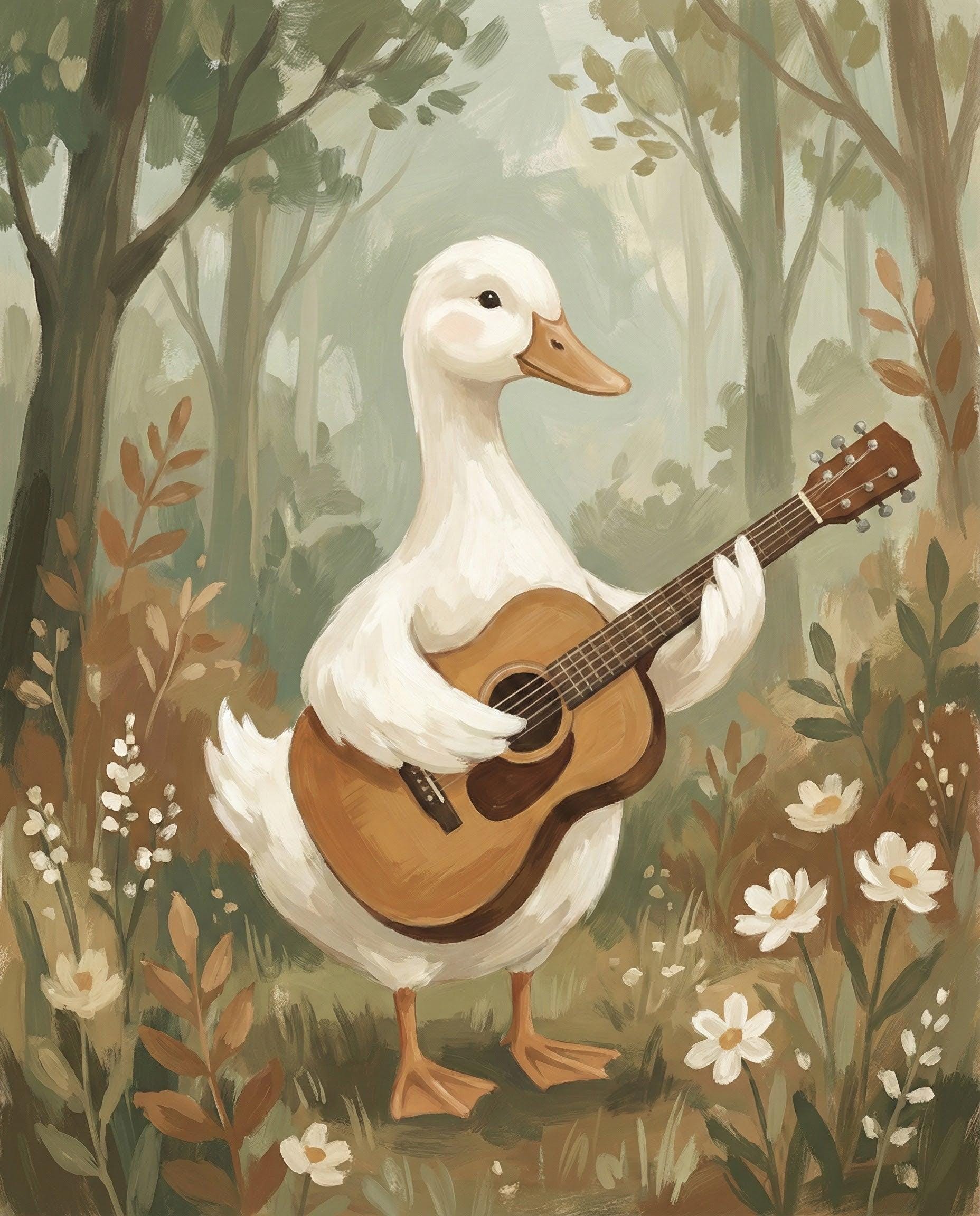 White Duck Playing Guitar Wall Art, Whimsical Woodland Animal