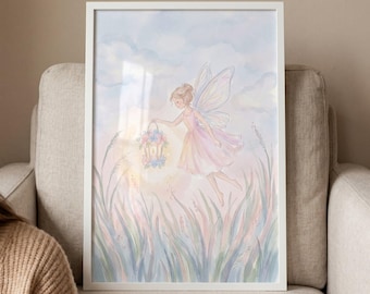 Floral Lantern Fairy Wall Art, Whimsical Watercolor Print, Girl Nursery Decor, Cottagecore Fairy Illustration, Enchanted Forest Art