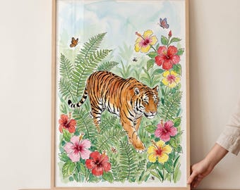 Lush Hibiscus Floral Tiger Wall Art, Tropical Jungle Decor, Wild Cat Botanical Print, Watercolor Rainforest Animal Art, Nursery Wall Decor