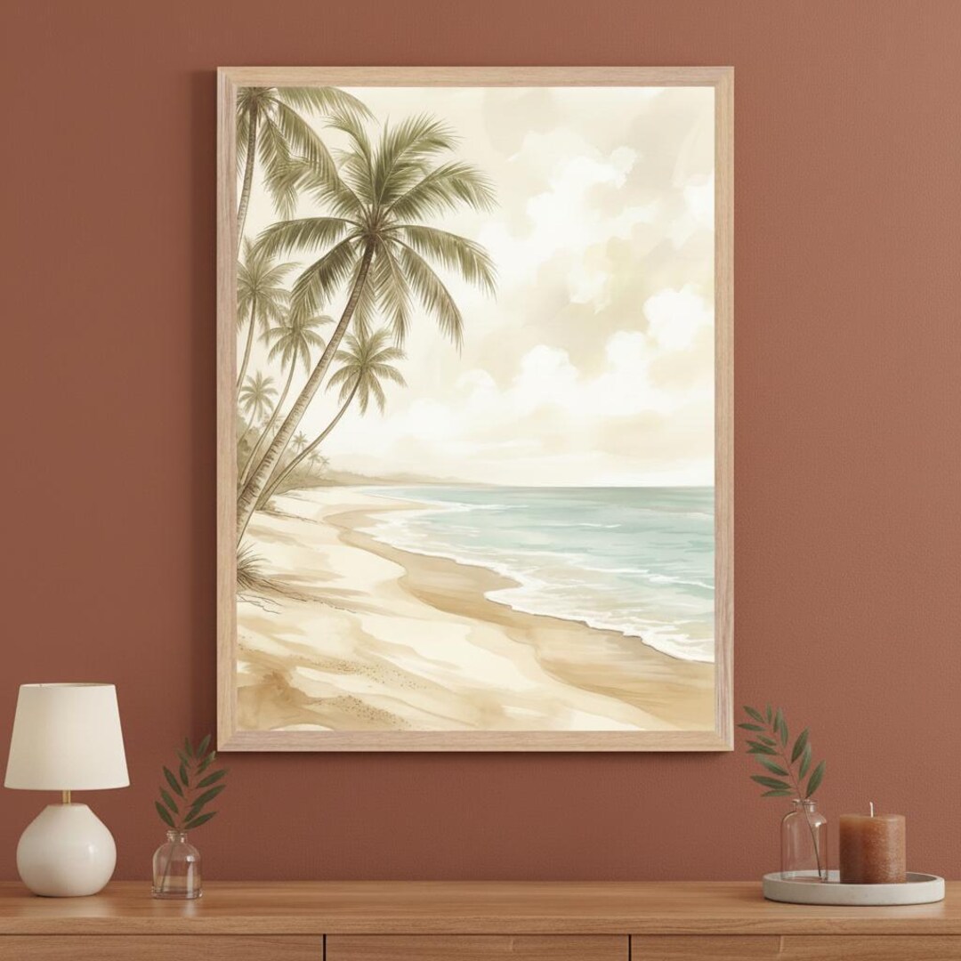 Tropical Beach Watercolor Aesthetic Wall Art, Coastal Palm Tree Decor