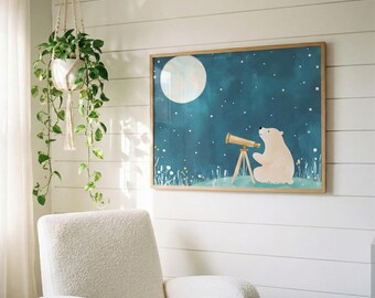 Polar Bear Stargazing With Telescope Wall Art, Whimsical Moon and