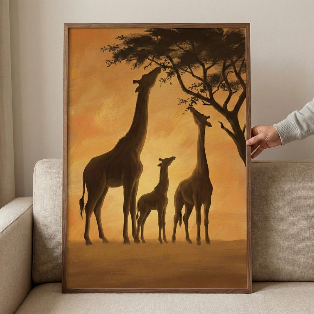 Giraffe Family Savanna Sunset Art, African Safari Nursery Decor, Golden ...