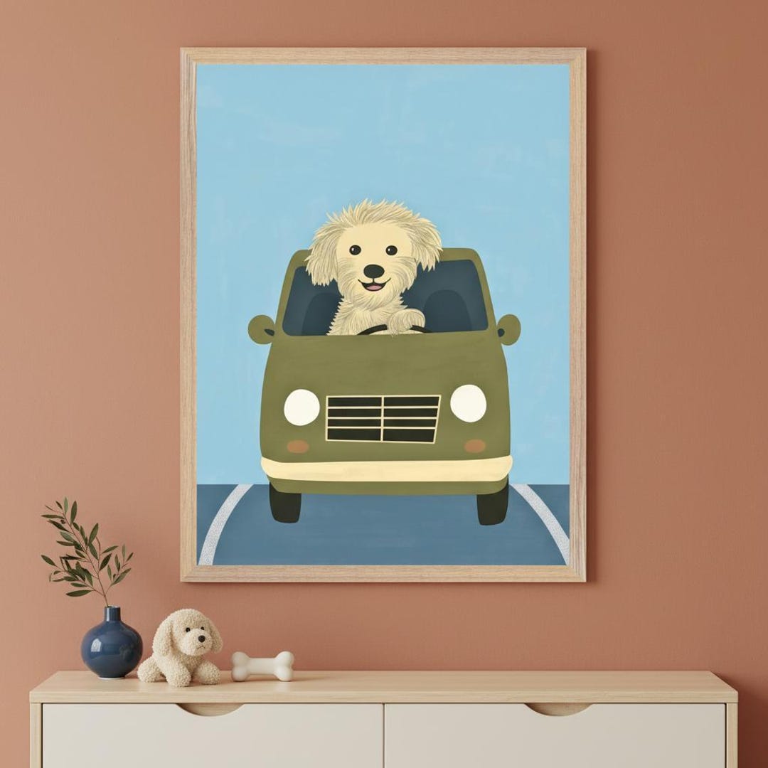 Fluffy Dog Driving Van Nursery Wall Decor Art, Puppy Driver Print