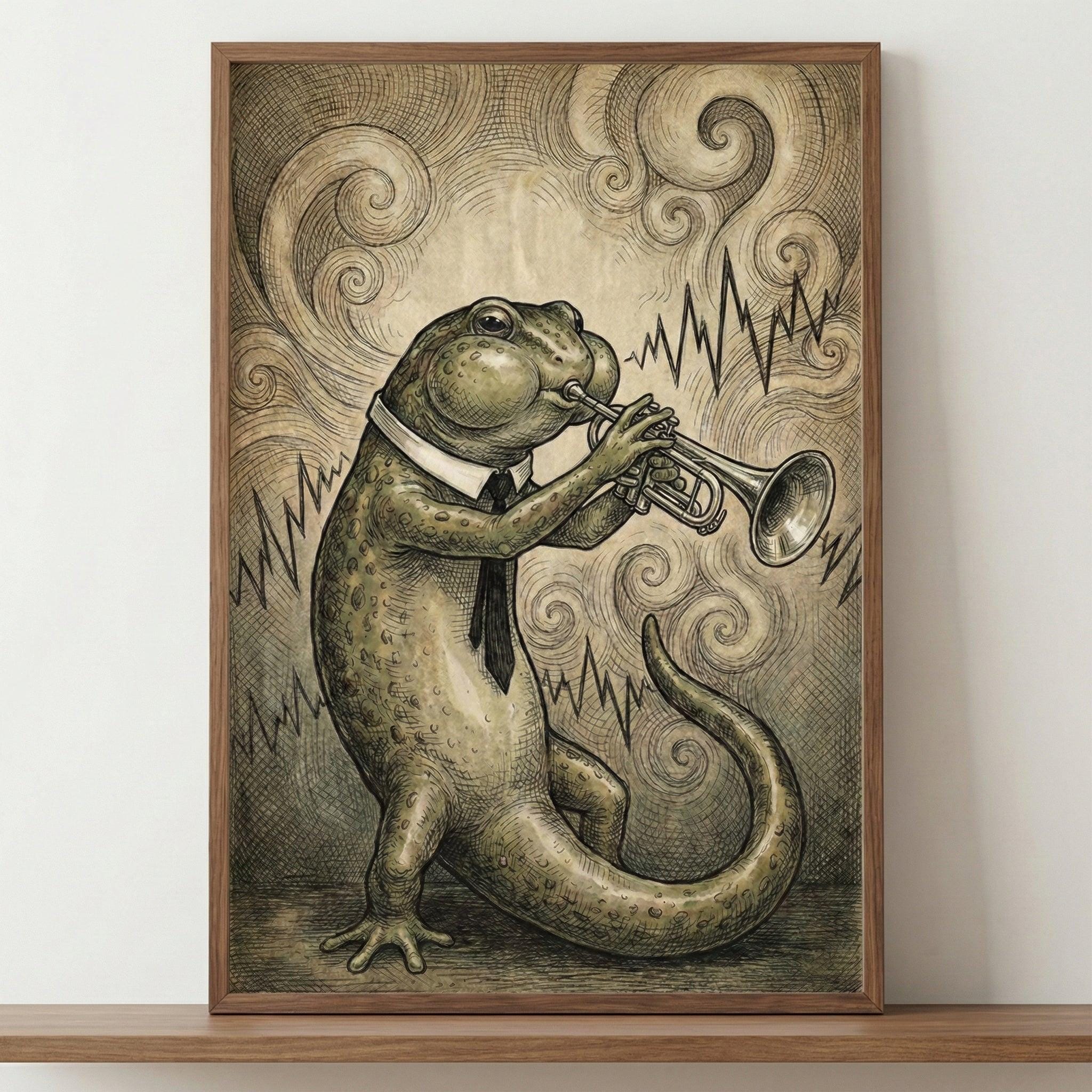 Anthropomorphic Toad Musician Vintage Etching Style Wall Art