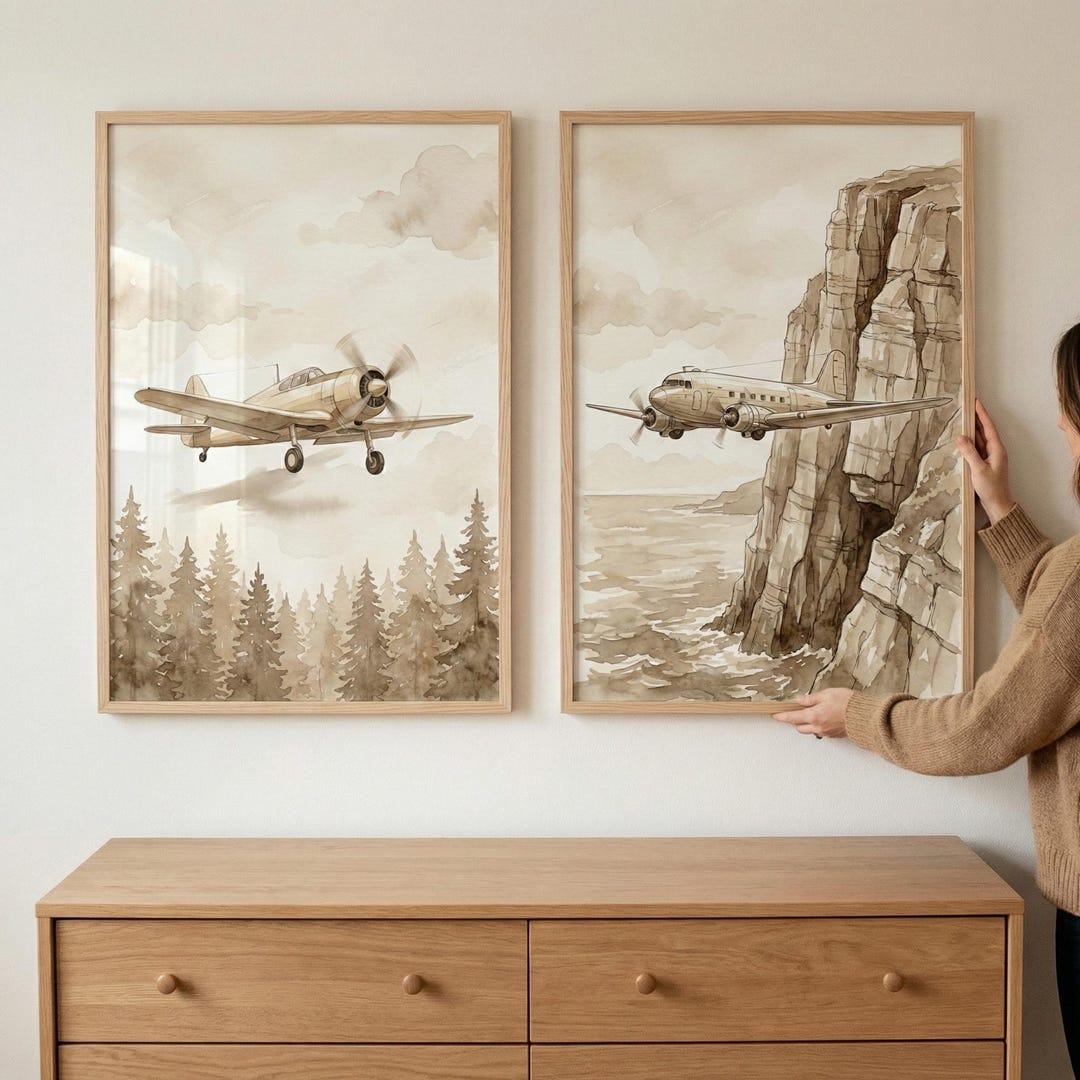 Vintage Airplane Wall Art Set of 2, Sepia Tone Aviation Decor, Boys ...