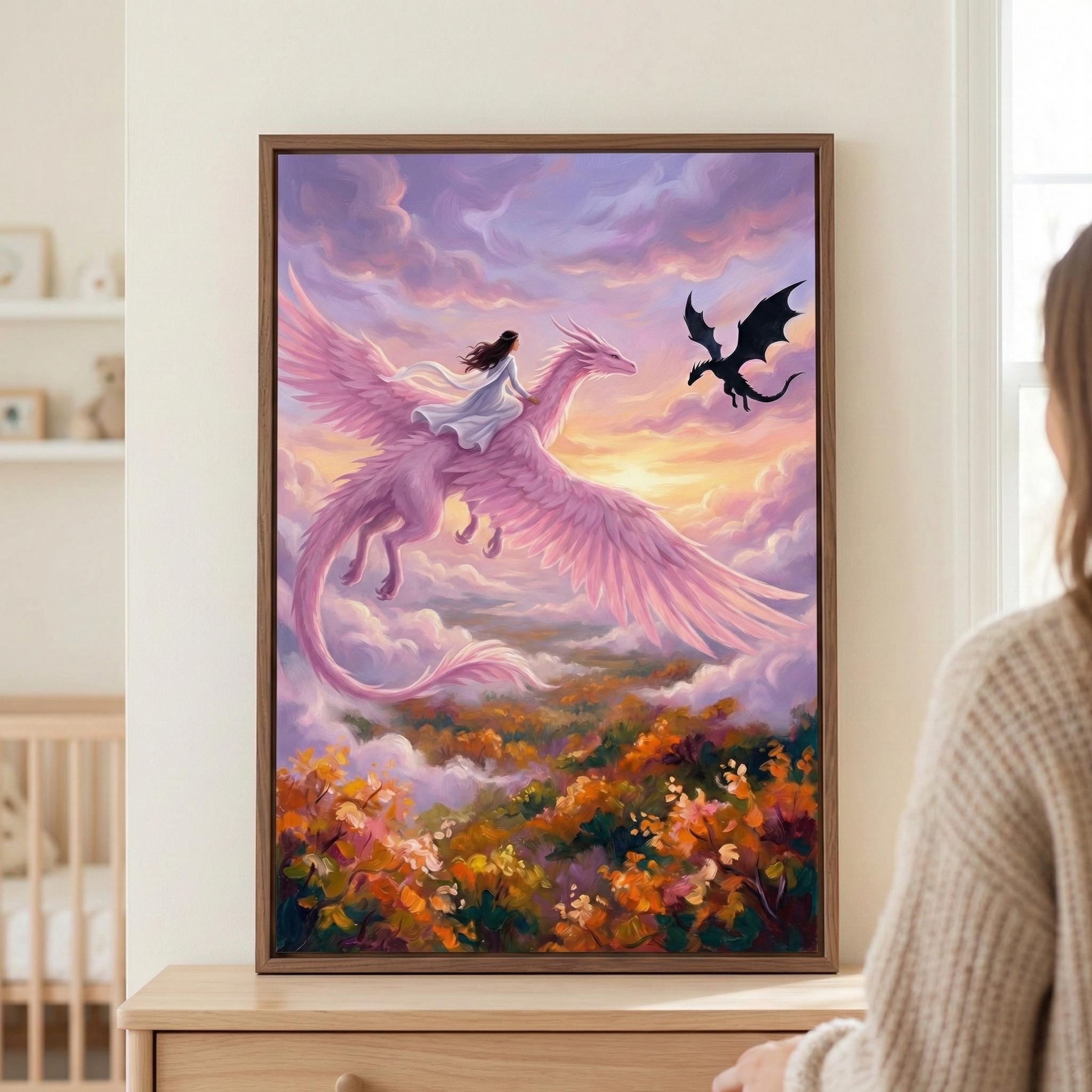 Pink Dragon Wall Art, Fantasy Girl Riding Dragon, Mythical