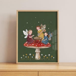 Tea Party Mushroom Fairies Wall Art, Cottagecore Nursery Decor, Whimsical Forest Sprite Illustration, Enchanted Fairy Print, Pixie Art