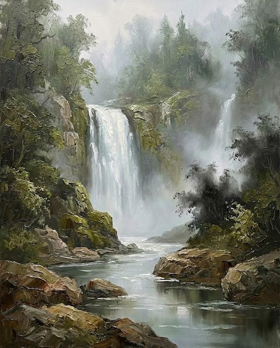 Waterfall Mist-shrouded Wall Art, Forest Landscape Print, Misty