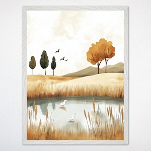 Arte mural de estanque y pájaros: lienzo o póster enmarcado de naturaleza serena, decoración de bosque para habitación infantil de género neutro, Días de campo dorados