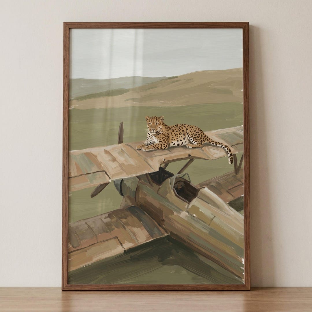 Laying on Biplane Leopard Artwork, Vintage Airplane Animal Wall Art ...