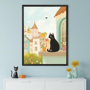 Black Cat Whimsical Cityscape Wall Art, Pastel Town Illustration Print, European Rooftop Art, Cottagecore Art, Nursery Art, Kitten Wall Art
