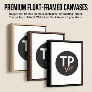 three different framed artworks, each with a unique design and color. The text above the artworks states that premium float-framed canvases are available, which are described as deep wood frames that create a sophisticated "floating" effect. The artworks are arranged in a row, showcasing their distinct styles and colors.