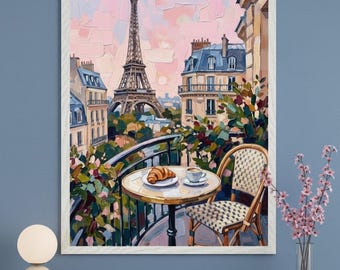 Paris Balcony View Impasto Style Wall Art, Eiffel Tower Print, French Cafe Decor, European Cityscape Art, Impressionist Style Poster