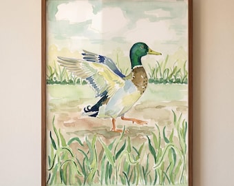Green Head Mallard Duck Wall Art, Watercolor Wildlife Illustration, Nature Nursery Decor, Mallard Drake Poster, Rustic Lake House Print