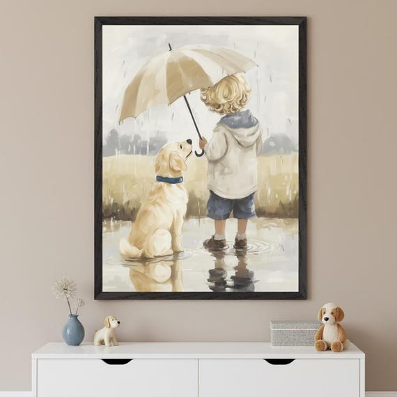 Blonde Child Rainy Day Umbrella Wall Art, Golden Retriever Dog Print, Whimsical Nursery Decor, Watercolor Illustration, Kids Room Poster