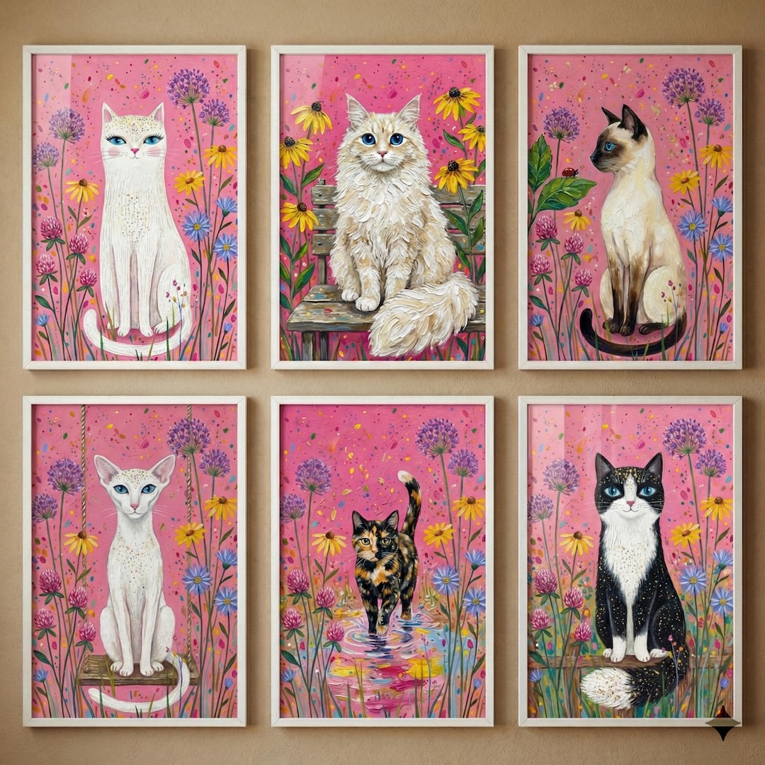 Whimsical Cat Wall Art Set of 6, Floral Kitten Nursery Decor, Feline ...