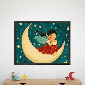 Fairy Girl Whimsical Wall Art, Crescent Moon Nursery Decor, Celestial Sprite Illustration, Magical Night Sky Poster, Red Dress Pixie Print