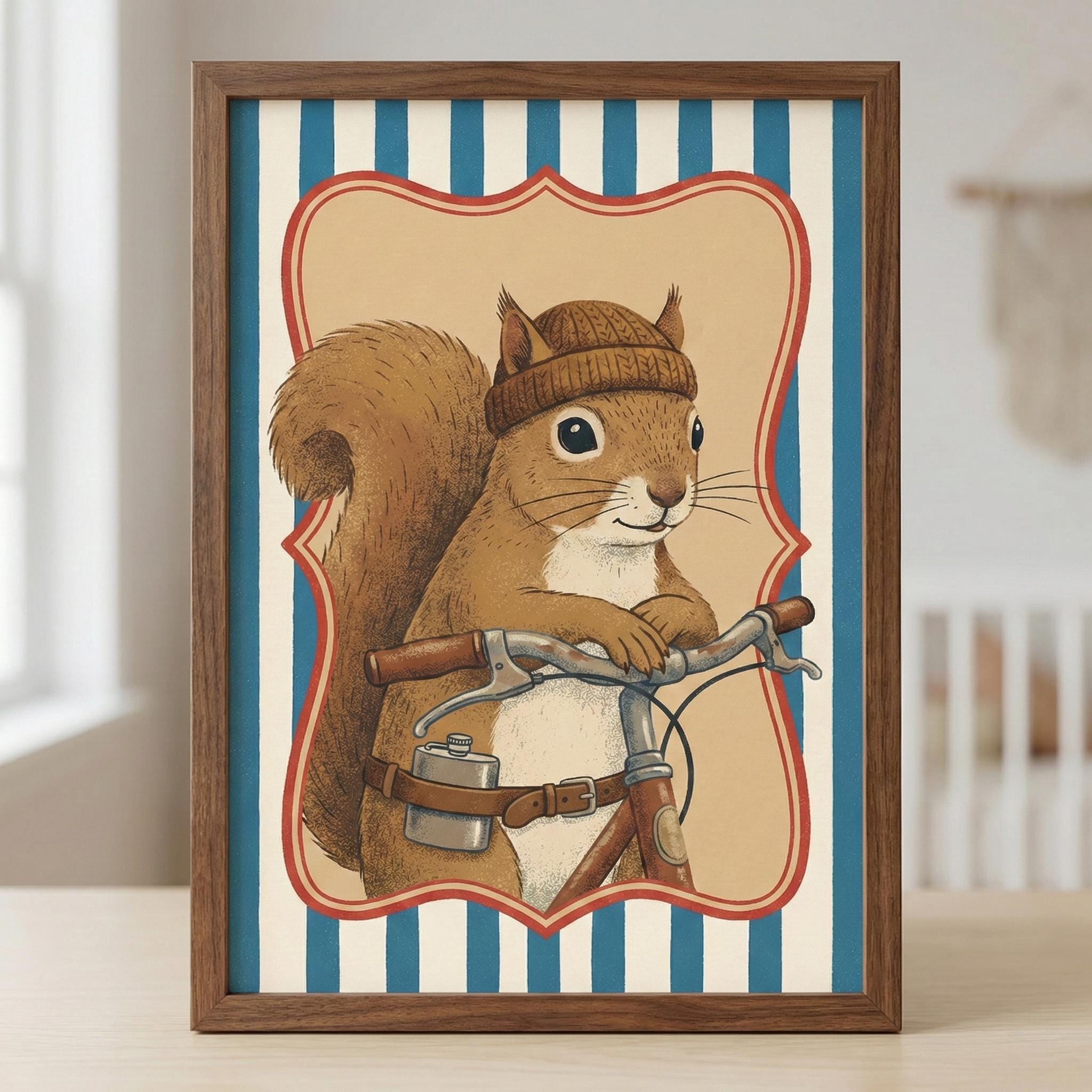 Anthropomorphic Woodland Squirrel Retro Hipster Wall Art, Cycling