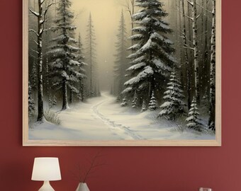 Snowy Forest Atmospheric Winter Wall Art, Pine Tree Snow Print, Birch Tree Forest Decor, Woodland Nature Poster, Snowy Path Illustration