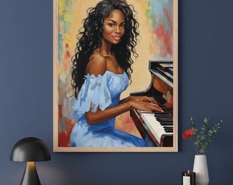 Female Pianist Long Dark Curly Hair Wall Art, Black Woman Musician Decor, Impressionist Music Studio Print, African American Art Poster