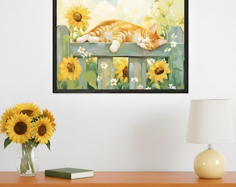 Orange Tabby Cat Peaceful Garden Rest Wall Art, Ginger Kitty Sunflower Decor, Sleeping Ginger Cat Illustration, Cozy Feline Home Decor