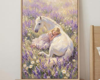 Girl and White Horse Wall Art, Lavender Field Nursery Decor, Whimsical Horse Illustration, Cottagecore Style Print, Impressionist Style Art