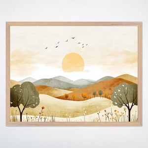 Berg Wüste Sonne Wandbild - Serene Szene Leinwand oder gerahmtes Poster, Wald Kinderzimmer Dekor für geschlechtsneutrale Kinderzimmer, goldene Feldtage