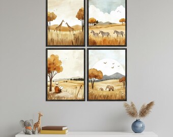 Safari Kids Room Wall Art Set of 4, Watercolor Savanna Nursery Decor, African Animal Earth Tone Prints, Giraffe Zebra Elephant Illustration
