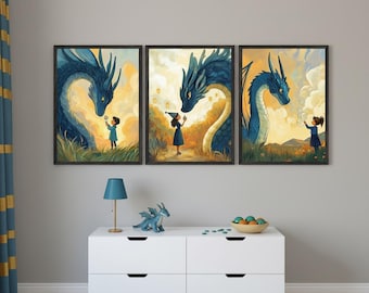 Dragon Art For Kids Room Set Of 3, whimsical blue dragon wall decor, fantasy nursery decor, mythical creature prints, storybook art