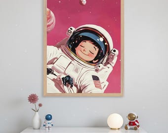 Cute Astronaut Nursery Decor, Pink Space Wall Art, Little Girl Astronaut Print, Kids Galaxy Room Decor, Whimsical Space Illustration