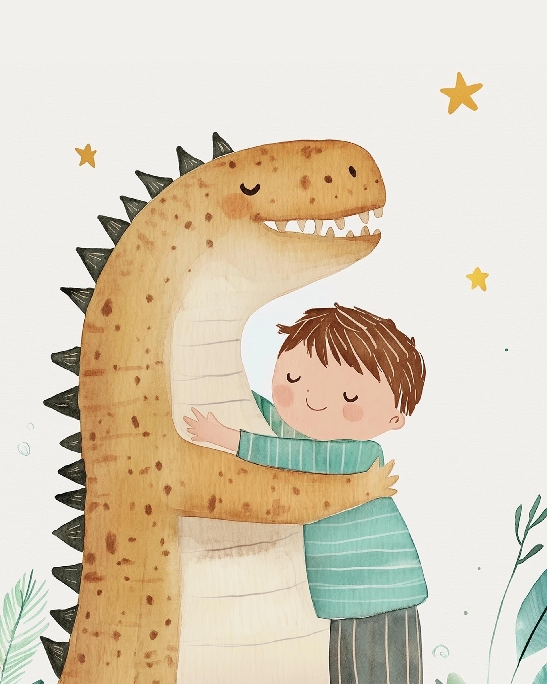 Dinosaur and Boy Watercolor Wall Art, Friendly Dino Nursery Decor