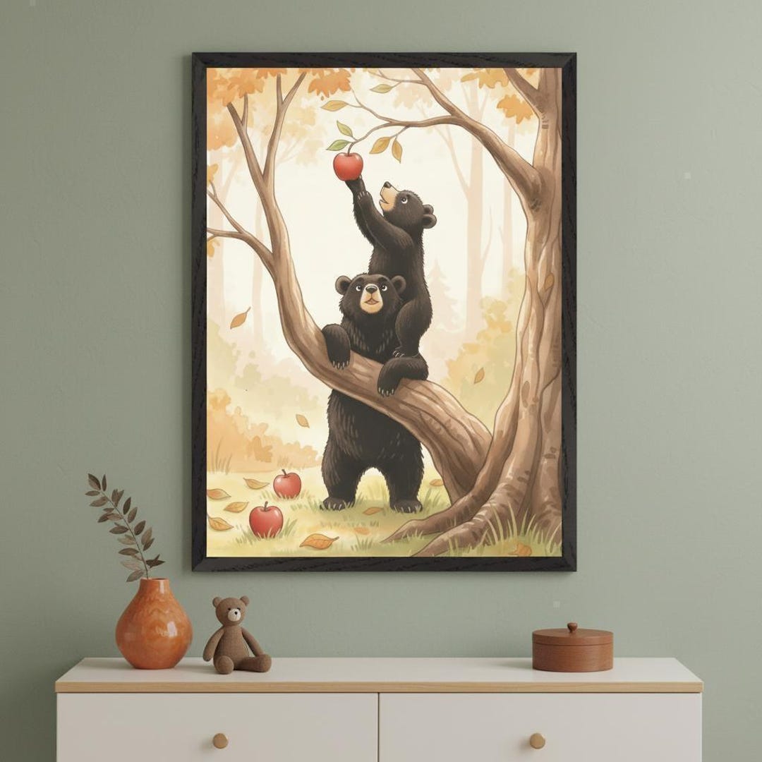 Two Black Bears Reaching for Apple, Woodland Nursery Wall Art